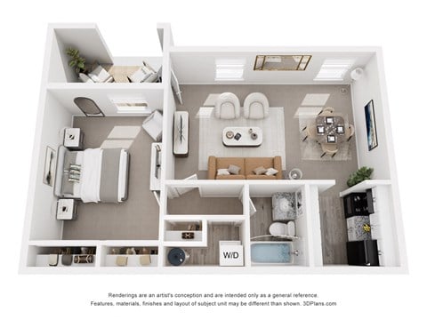 Floor plan for 1 bed, 1 bath, 634 sqft